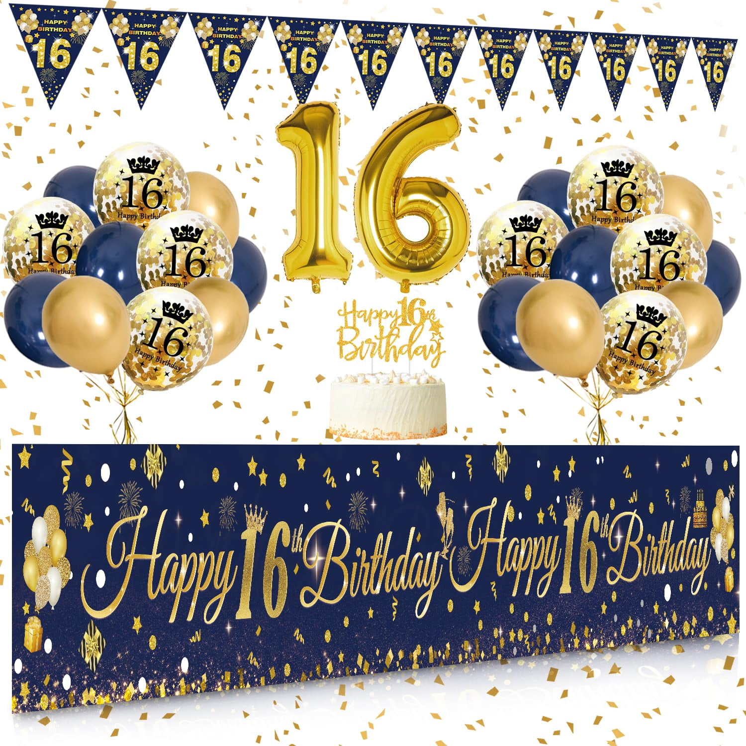 Navy Blue & Gold Birthday Banner - 72.8x43.3 Inch Large Party Backdrop Decor