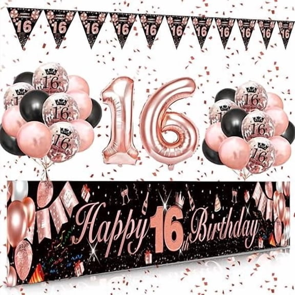 16th Birthday Decorations Kit with Rose Gold Happy Birthday Banner, Black & Gold Balloons, Number 16 Triangle Flag Banner