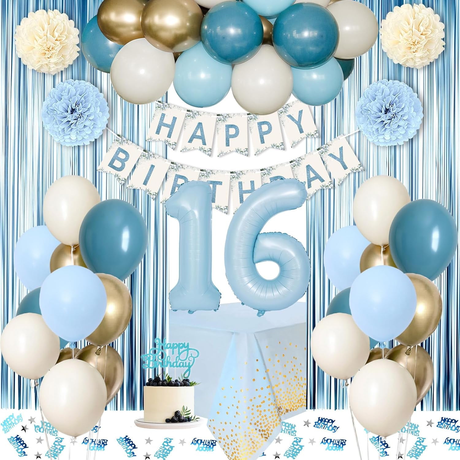 16th Birthday Decorations for Men Women, Blue White Gold Birthday