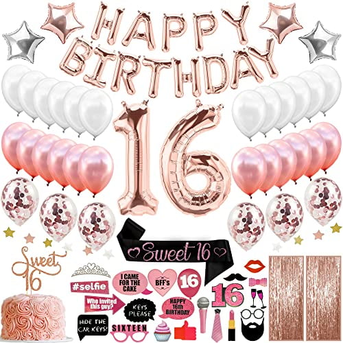 16th Birthday Decorations Party Supplies Sweet 16 Birthday balloons| Rose gold Confetti Balloons|16 Cake Topper Rose Gold| Metal