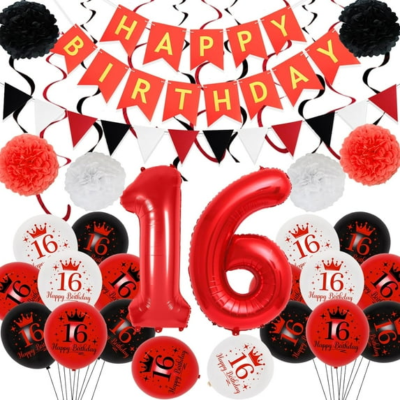 16th Birthday Decorations Red and Black Happy 16th Birthday Hanging Swirls Paper Pom Poms Number 16 Balloons Pull Flag Decorations for Boys and Girls 16th Birthday Decor Supplies for Anniversary Party