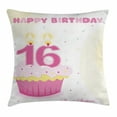 thumbnail image 1 of 16th Birthday Decorations Throw Pillow Cushion Cover, Cupcake Candle Teen Girls Style Sweet Surprise Illustration, Decorative Square Accent Pillow Case, 20 X 20 Inches, Fuchsia Yellow, by Ambesonne, 1 of 2