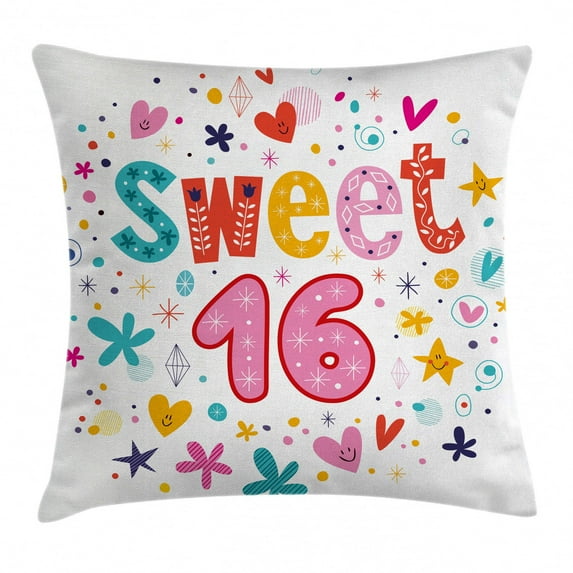 16th Birthday Decorations Throw Pillow Cushion Cover, Sweet New Age Years with Heart Figures Dots Blooms Vintage Motif, Decorative Square Accent Pillow Case, 18 X 18 Inches, Multicolor, by Ambesonne