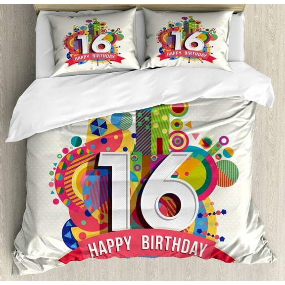 16th Birthday Duvet Cover Set King Size, Geometrical and Urban Style Effects Celebration Funky Modern Artsy Design, Decorative 3 Piece Bedding Set with 2 Pillow Shams, Multicolor, by Ambesonne