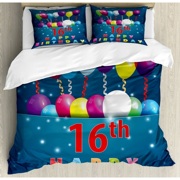 16th Birthday Duvet Cover Set King Size, Sweet Sixteen Theme Teenage Design Party Balloons Kitsch Celebration Image, Decorative 3 Piece Bedding Set with 2 Pillow Shams, Multicolor, by Ambesonne