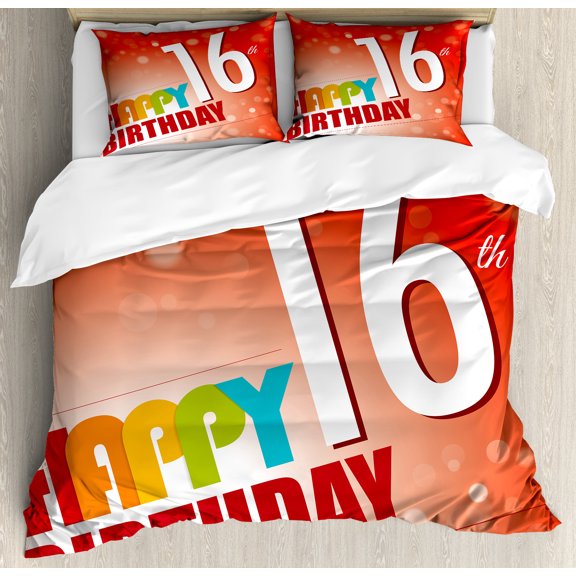 16th Birthday Duvet Cover Set, New Age Celebration Theme Party Joyful Cheerful Years Print, Decorative 3 Piece Bedding Set with 2 Pillow Shams, Calking Size, White Red, by Ambesonne
