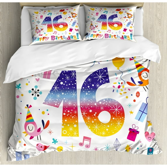 16th Birthday Duvet Cover Set Queen Size, Cute Sweet Teenage Celebration Motif Hearts Balloon Bird Box Stars Design, Decorative 3 Piece Bedding Set with 2 Pillow Shams, Multicolor, by Ambesonne