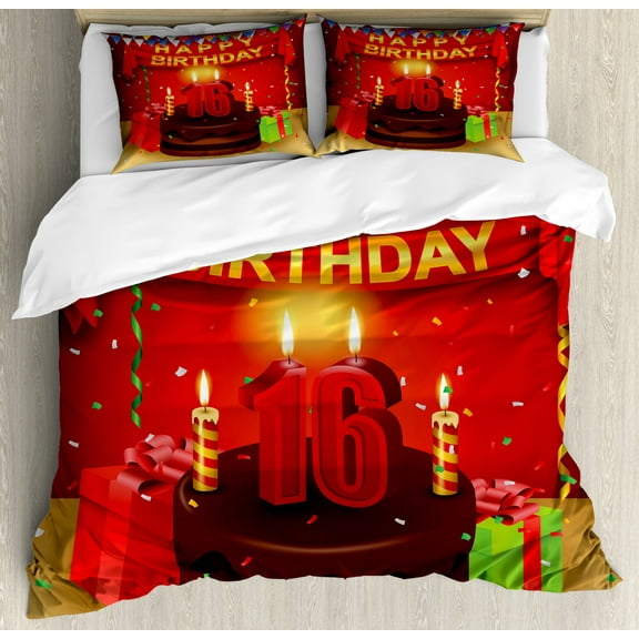 16th Birthday Duvet Cover Set Queen Size, Party Celebration with Flag Ribbon and Yummy Chocolate Cake Candles Print, Decorative 3 Piece Bedding Set with 2 Pillow Shams, Multicolor, by Ambesonne