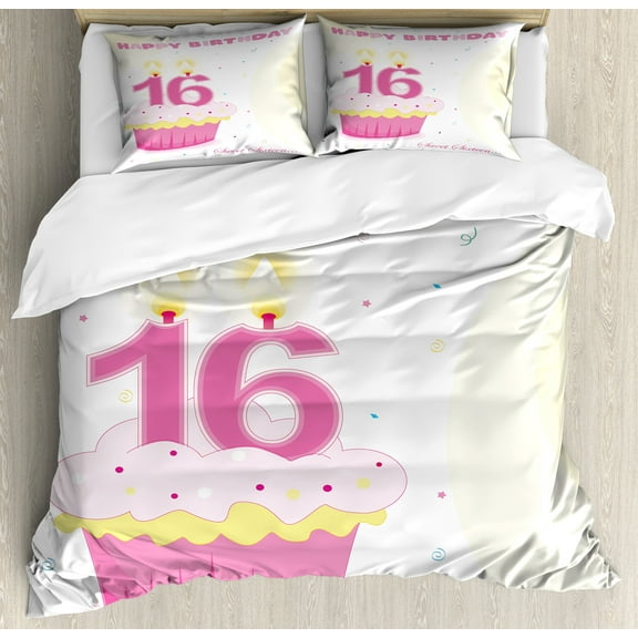 16th Birthday Duvet Cover Set, Tasty Cupcake with Candle Teen Girls Style Surprise Illustration, Decorative 3 Piece Bedding Set with 2 Pillow Shams, Calking Size, Fuchsia Yellow, by Ambesonne
