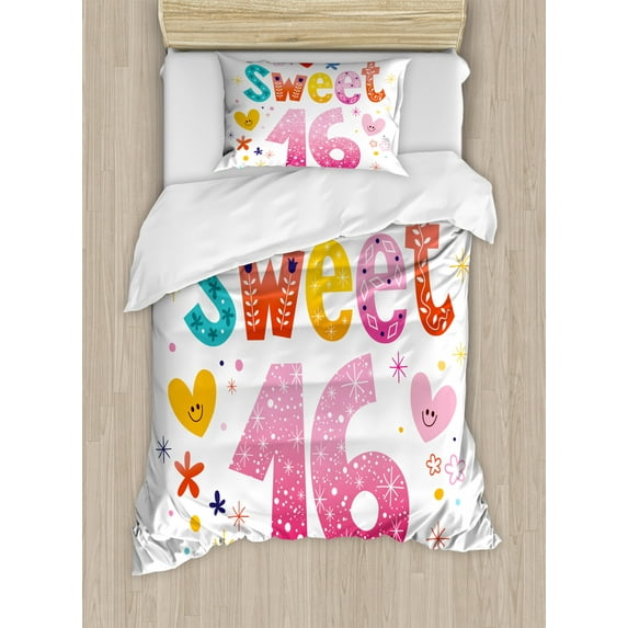 16th Birthday Duvet Cover Set Twin Size, Cute Sweet Sixteen Hearts Stars and Flowers Unique Girls Joyous Fun Design, Decorative 2 Piece Bedding Set with 1 Pillow Sham, Multicolor, by Ambesonne