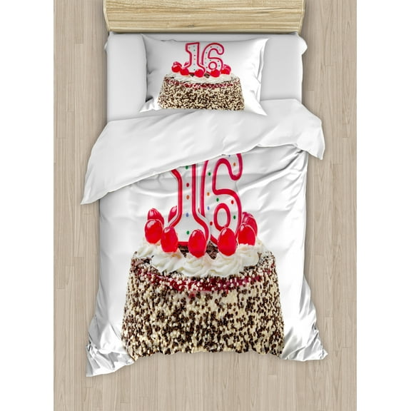 16th Birthday Duvet Cover Set Twin Size, Delicious Cake with Burning Candlestick and Cherry Yummy Tasty Dessert Image, Decorative 2 Piece Bedding Set with 1 Pillow Sham, Multicolor, by Ambesonne