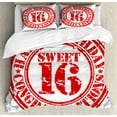 thumbnail image 1 of 16th Birthday Duvet Cover Set, Vintage Rubber Stamp Old Fashioned Greeting Sign Time Flies Theme Print, Decorative 3 Piece Bedding Set with 2 Pillow Shams, Queen Size, Vermilion White, by Ambesonne, 1 of 3