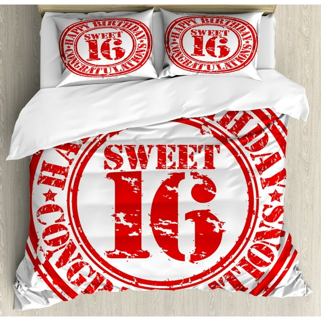 16th Birthday Duvet Cover Set, Vintage Rubber Stamp Old Fashioned Greeting Sign Time Flies Theme Print, Decorative 3 Piece Bedding Set with 2 Pillow Shams, Queen Size, Vermilion White, by Ambesonne