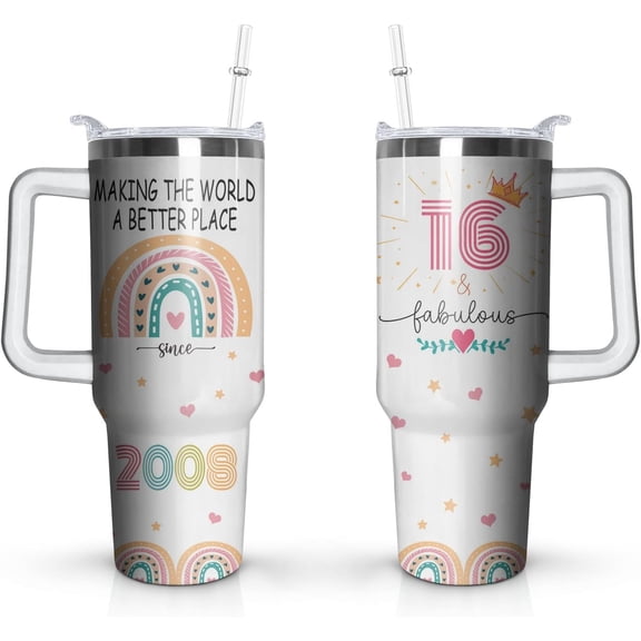 16th Birthday Gifts Cup, 40 Oz Stainless Steel Tumbler with Handle & Straw, 16 Year Old Birthday Gifts for Girls Coffee Mug, 16th Birthday Decorations for Girls, Happy 16th Birthday Gifts for Girls