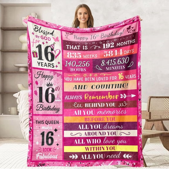 16th Birthday Inspirational Quote Throw Blanket Pink Queen Theme Decorative Blanket Meaningful Sweet 16 Birthday Gift Blanket for Girls