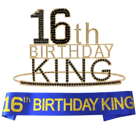 16th Birthday King Crown & Sash Set - Majesty Gold & Black Metal Crown + Blue & Gold Sash for Boys