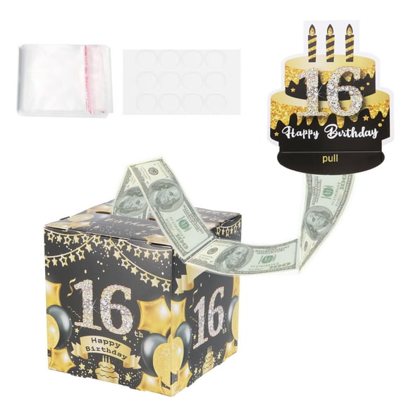 16th Birthday Money Box for Cash Gift, Birthday Money Pull Box with 100pcs Transparent Bags for Birthday Surprise Card Party Decorations Women Girl Men Boy Best Friend, Black Gold