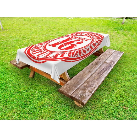 16th Birthday Outdoor Tablecloth, Vintage Rubber Stamp Old Fashioned Greeting Sign Time Flies theme Print, Decorative Washable Fabric Picnic Tablecloth, 58 X 120 Inches, Vermilion White, by Ambesonne