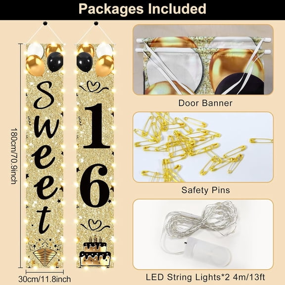 16th Birthday Party Banner Lighted Decorations for Girls Women-Gold Black Vintage Sweet 16 Birthday Door Banners with LED Light, Cheers to 16 Years Old Birthday Party Supplies Decor