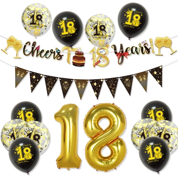16th Birthday Party Decorations for Men Women Black and Gold, Black Gold Happy Birthday Banner Sign 18th Happy Birthday Balloons for 40th Anniversary Birthday Party Supplies Outdoor Indoor Décor