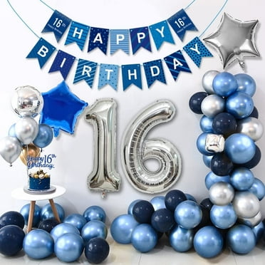 16th Birthday Party Decorations Navy Blue Silver Happy 16th Birthday Banner with Metallic Night Blue Silver Latex Balloons Foil Number 16 Balloons for Boys Birthday Anniversary Party Decor Supplies