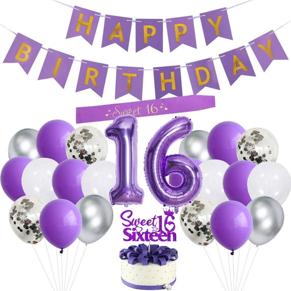 16th Birthday Party Decorations Purple for Girl, 16th Birthday Decorations for Women, Sweet 16 Birthday Decorations Girls with Happy Birthday Banner Cake Topper Latex Confetti Balloons