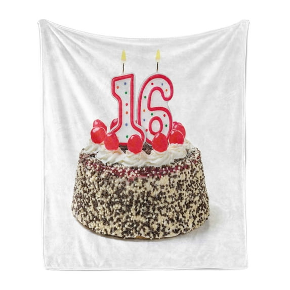 16th Birthday Soft Flannel Fleece Blanket, Delicious Cake with Burning Candlestick and Cherry Yummy Tasty Dessert Image, Cozy Plush for Indoor and Outdoor Use, 50" x 70", Multicolor, by Ambesonne