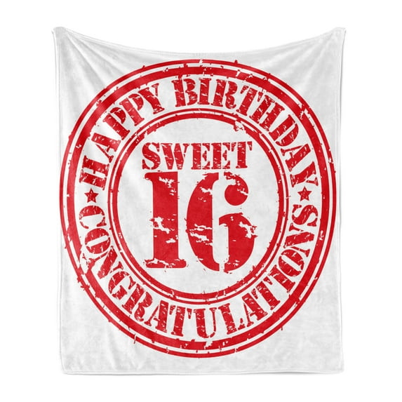 16th Birthday Soft Flannel Fleece Blanket, Vintage Rubber Stamp Old Fashioned Greeting Sign Time Flies Theme Print, Cozy Plush for Indoor and Outdoor Use, 50" x 60", Vermilion White, by Ambesonne