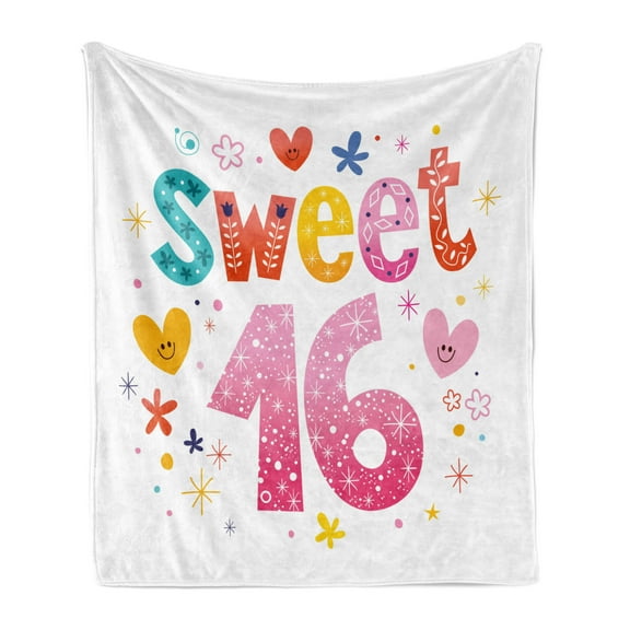 16th Birthday Soft Flannel Fleece Throw Blanket, 16 Hearts Stars and Flowers Unique Girls Joyous Fun Design, Cozy Plush for Indoor and Outdoor Use, 50" x 60", Multicolor, by Ambesonne