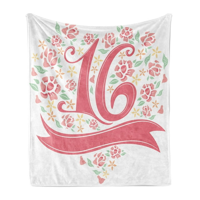 16th Birthday Soft Flannel Fleece Throw Blanket, Floral 16 Typohraphy with Spring Floral Rose Petal Image, Cozy Plush for Indoor and Outdoor Use, 50" x 70", Dark Coral Mint, by Ambesonne