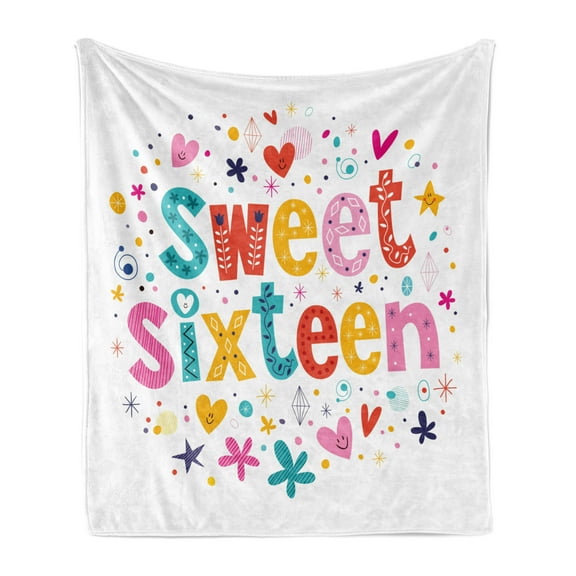 16th Birthday Soft Flannel Fleece Throw Blanket, Hand Drawn Style and 16 Blossoms Petals Stars Heart Pattern, Cozy Plush for Indoor and Outdoor Use, 50" x 60", Multicolor, by Ambesonne