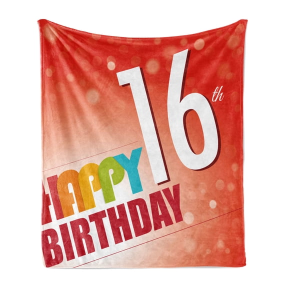 16th Birthday Soft Flannel Fleece Throw Blanket, New Age Celebration Theme Party Joyful Cheerful Years Print, Cozy Plush for Indoor and Outdoor Use, 50" x 70", White Red, by Ambesonne