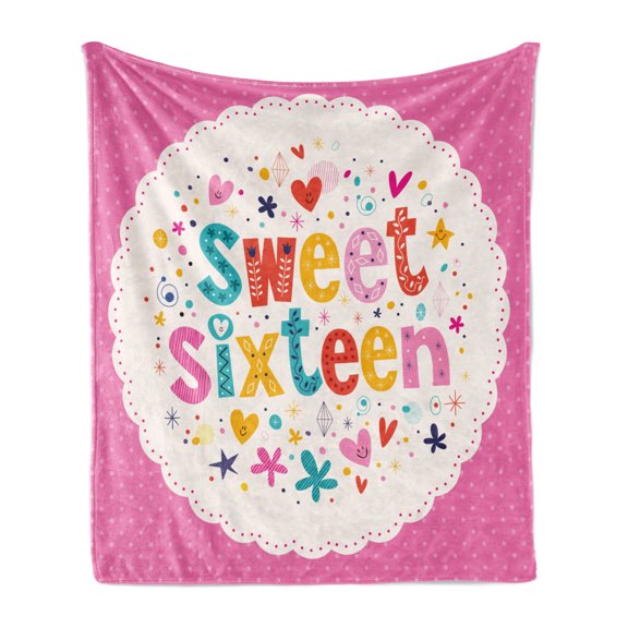 16th Birthday Soft Flannel Fleece Throw Blanket, Nostalgic Lace Inspired Polka Dots Background with Joy Anniversary Design, Cozy Plush for Indoor and Outdoor Use, 60" x 80", Multicolor, by Ambesonne