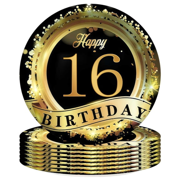 16th Black Gold Glitter Theme Plates Birthday Decorations Party Supplies Tableware Disposable Dinnerware 8pcs