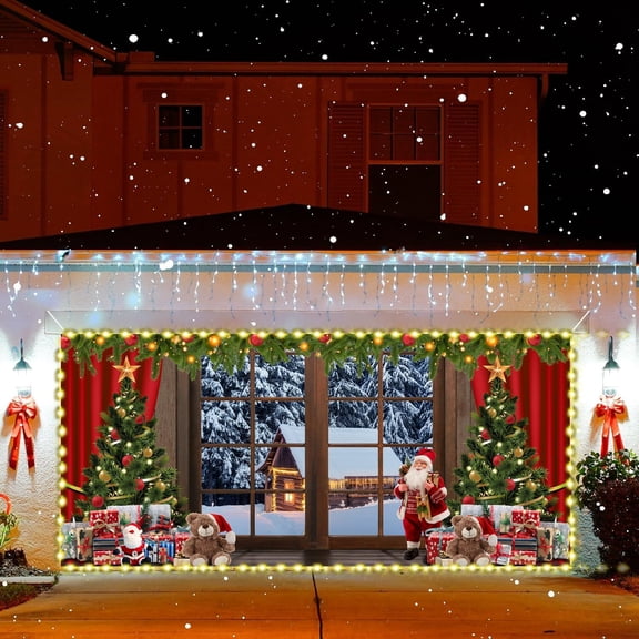 16x 7ftChristmas Window Garage Door Decoration Background Xmas Trees Gift Boxes Backdrop Merry Christmas Window View Winter Snow Forest Snowflake Party Outdoor Indoor Banner Cover