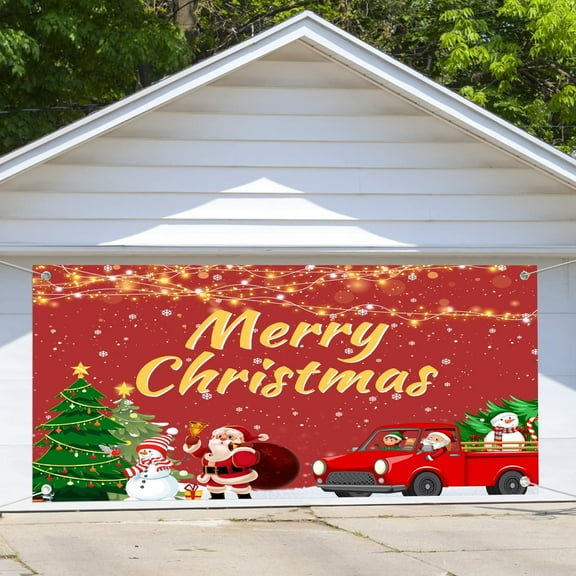 16x 7ftMerry Christmas Garage Door Decoration Background, Winter Santa Claus Snowflake Reindeer Banner Decor Garage Door Banner Cover, Xmas Indoor Outdoor Background Photography Party Decor