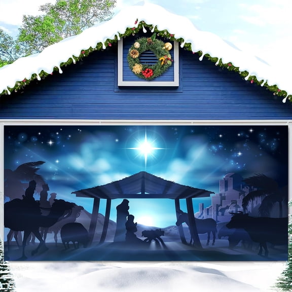 16x 7ftNativity Scene Birth of Jesus Garage Door Decoration Background Winter Snowy Manger Glittering Star Nativity Christmas Decoration Party Outdoor Indoor Banner Cover