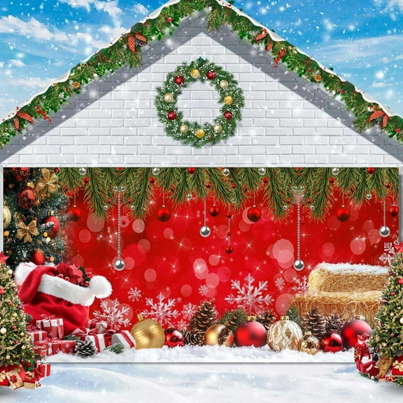 16x 7ftSnowflake Merry Christmas Themed Garage Door Decoration Background Xmas Trees Santa Gifts Glitter Sparkle Red Photography Backdrop for Winter New Year Festival Party Decor Banner Cover