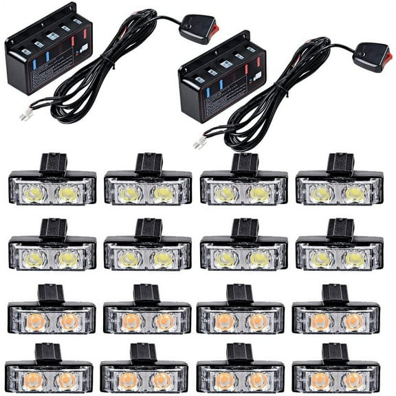16x Amber White 2 LED Car Truck Grill Strobe Light Bar Warning Emergency Beacon