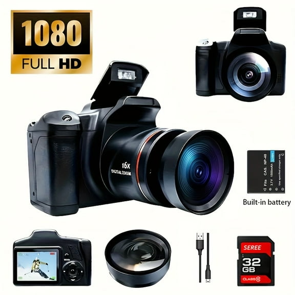Digital Camera for Photography, 2.4" LCD, 16x Zoom 1080P Vlog Camera with Wide-Angle Lens, Compact Travel Essential Gift for Men Women (4 AA Batteries)