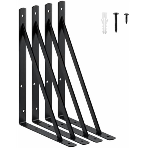 16x10 inch Heavy Duty Shelf Brackets, Black Metal Wall Mounted Supports for Shelves, L Shaped Shelf Angle Bracket for Floating Shelves, 4 Pack