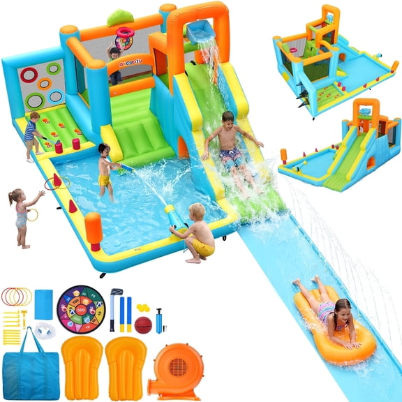 16x11ft Water Slide Bounce House, Large Backyard Inflatable Water Park for Kids 3-12 with Extended Waterslip, Surfboards, Water Guns, Ring Toss & Boxing Game, Outdoor Birthday Party Gift