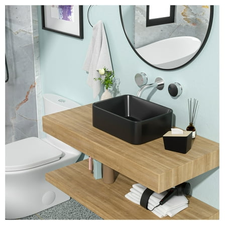 16x12 Black Ceramic Vessel Sink, Rectangular Bathroom Sink, Modern Contemporary Design, Easy Install, Black Finish, 1.75" Drain