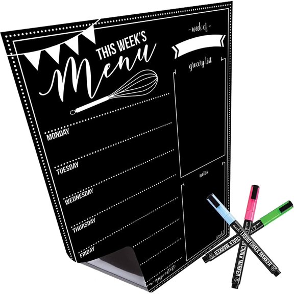 16x12-Inch Chalkboard Weekly Menu - Magnetic Meal Planner Board for Refrigerator Reusable Black with 3 Neon Liquid Chalk Markers Food Kitchen Organization