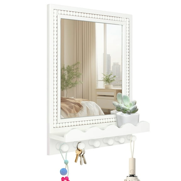 16x12 Inch Wall Mount Beaded Wood Framed Mirror with Shelf and 6 Hooks, White Decorative Entryway Mirror with Storage for Laundry Room, Bathroom, Bedroom