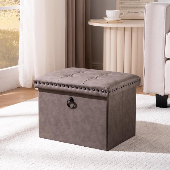 16x12x12 Inches Folding Cube Storage Ottoman, Small Leather Foot Rest Stool with Button Tufted Rivet Design, Footstool Bench, Ottoman with Storage for Living Room, Coffee Table, Oak Brown