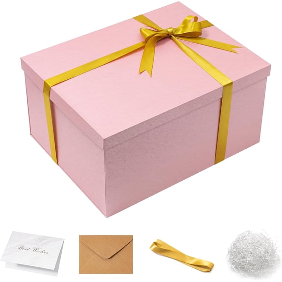 16x12x8 Inches Large Gift Box with Lid for Presents Big Deep Pink Gift Boxes 1 Pack for Christmas, Birthday, Valentine's Day,Mother's Day Presents - Contains Crinkle Paper,Ribbon and Card