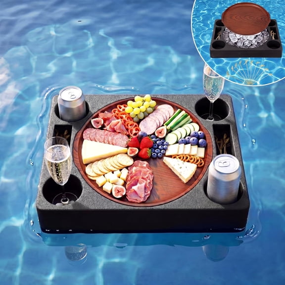 16x13 Floating Refreshment Table Tray for Pool with 11.8" Charcuterie Serving Tray, Portable Floating Pool Table for Ice Cooled Food Cheese Drink, Hot Tub Beach and Party Decor(Black,1 Pcs)