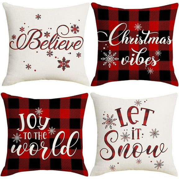 16x16 Christmas Pillow Covers, Decorative Farmhouse Christmas Vibes Believe Buffalo Plaid Let it Snow Christmas Outdoor Pillow Shams Cases Slipcovers Set of 4 for Couch Sofa