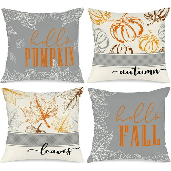 16x16 Fall Pillow Covers Set of 4, Hello Pumpkin Decorative Holiday 16 x 16 Autumn Cushion Covers Thanksgiving Pillow Case for Indoor Home Bedroom Couch Sofa Decor Grey